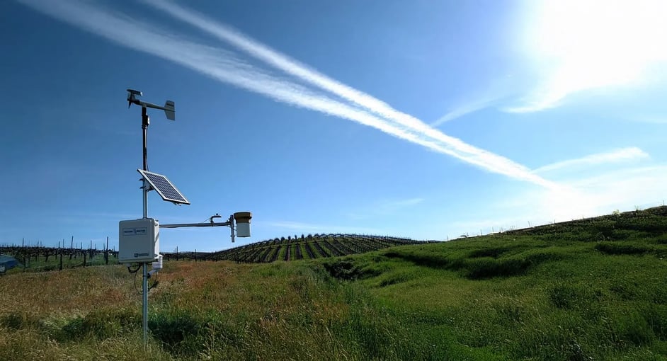 A WWG weather station with a vineyard and rolling hills behind it, against a sunny blue sky.