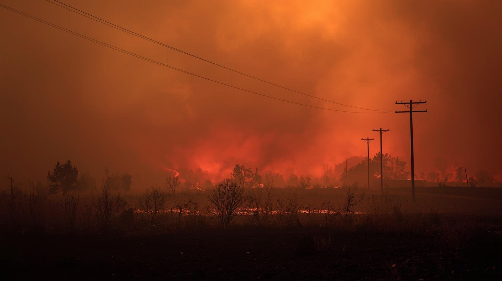 wildfire image with utility poles in the background.. not so much flames, but smoke and embers