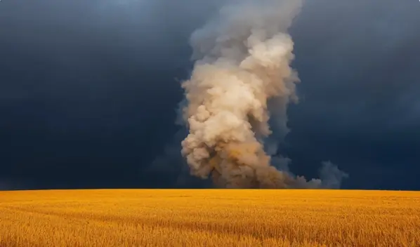 Smoke seen in the background of an open field
